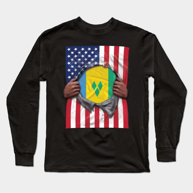 St Vincent And The Grenadines Flag American Flag Ripped - Gift for Saint Vincentian From St Vincent And The Grenadines Long Sleeve T-Shirt by Country Flags